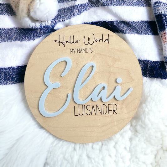 Hello World Personalized Name Wood Sign for Newborn Birth Announcement