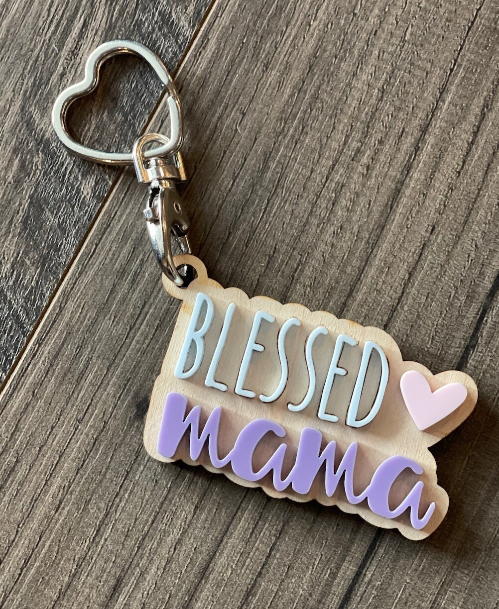 Wood and Acrylic Personalized Keychain, Blessed Mama Keychain, Acrylic Keychain, Mother's Day Gift, Mom Christmas Gift, Cute Keychain