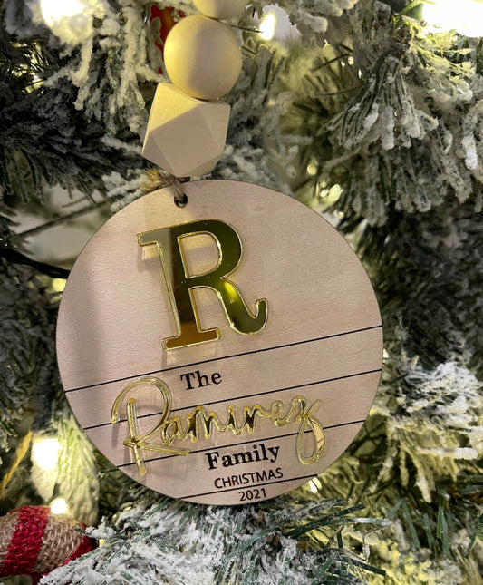 Gold Initial Family Christmas Ornament | Wood and Acrylic Family Ornament