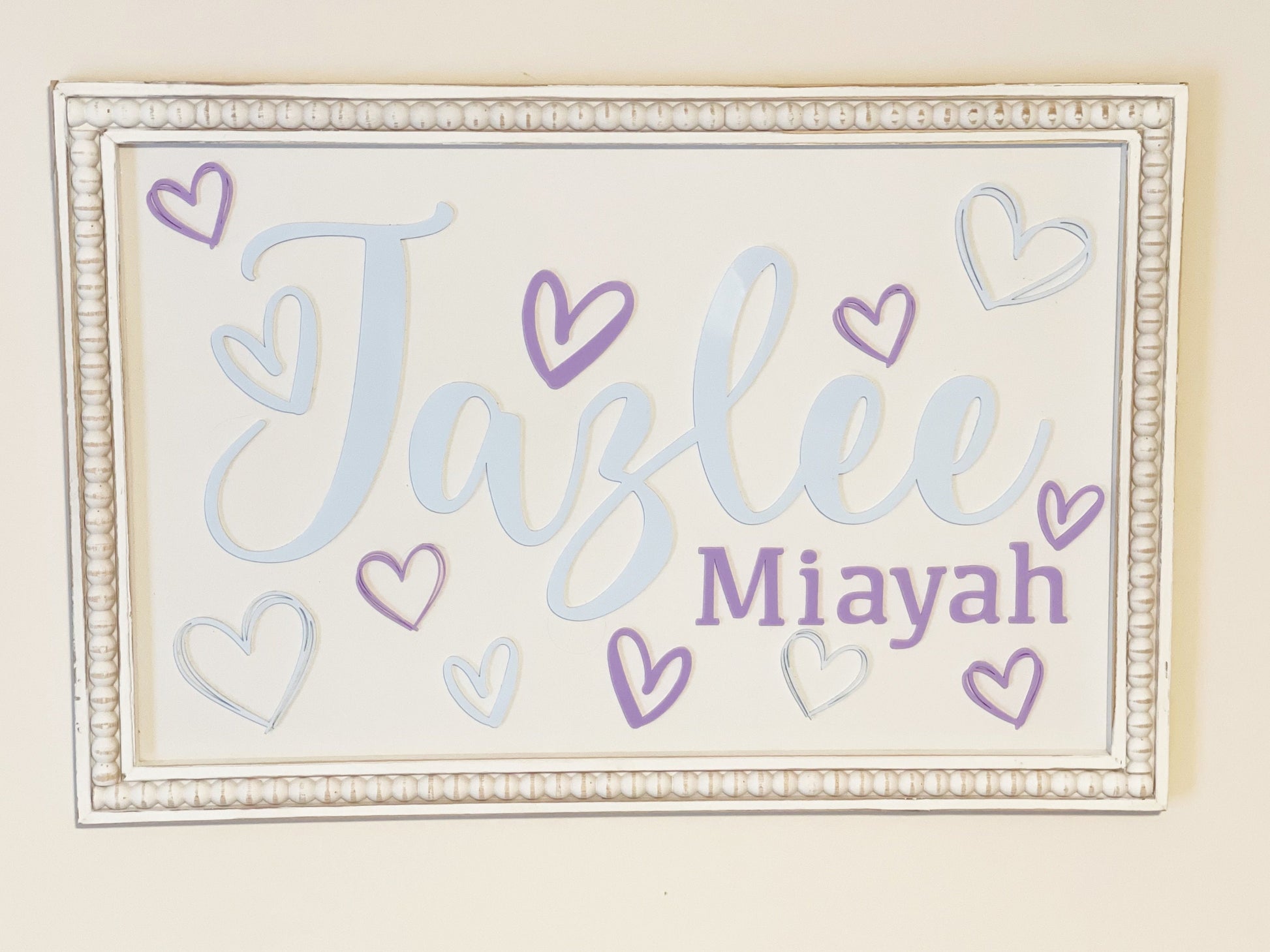 Beaded Wood Frame Personalized Sign, Home Decor Sign, Name Sign, Wood Name Sign, Name and Hearts Sign, Girls Room Sign, Girls Room Decor