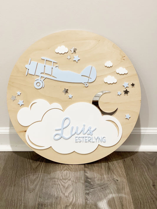 18" Custom Airplane and Moon Nursery Round Wood Name Sign, Modern Nursery Decor, Baby Gift, Wall Sign, First Middle Name Sign, Wood Signs