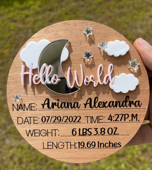 Hello World Birth Announcement, Moon and Stars, Wood Sign Newborn, Newborn Photo Props, Name Announcement Girl, Name announcement boy