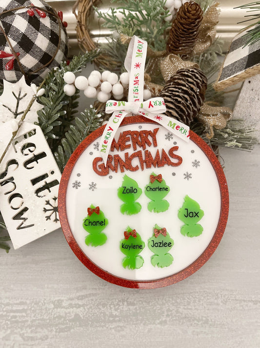 Merry Grinchmas Ornament, Grinch Christmas, Grinch Ornaments, Family Ornaments, Engraved Ornaments, Grinch Family, Acrylic Ornaments