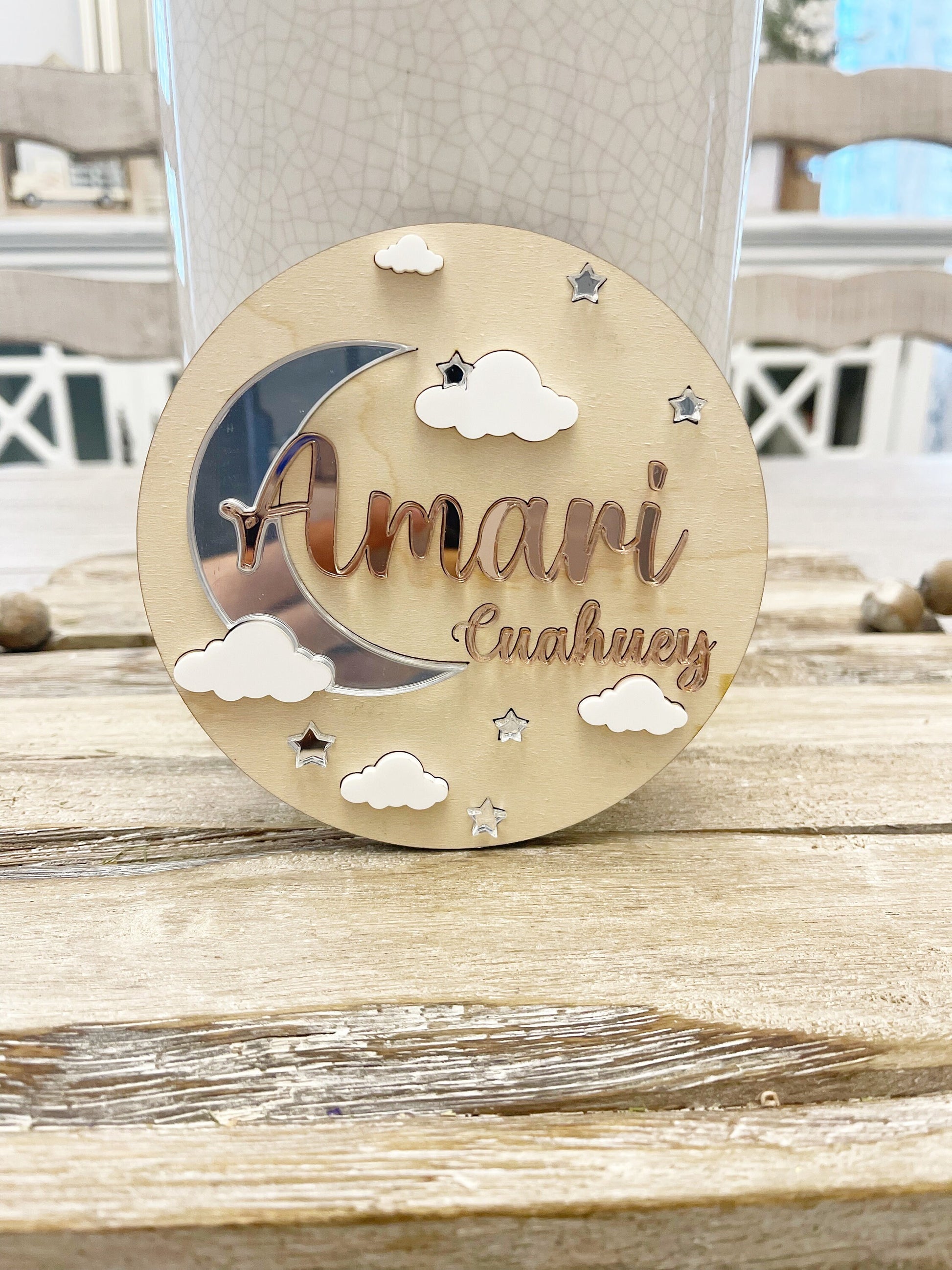 Personalized Name Moon and Stars Wood Sign, Newborn Birth Announcement, Baby Sign, Nursery Sign, Moon Baby Sign, Moon Nursery Sign, Luna